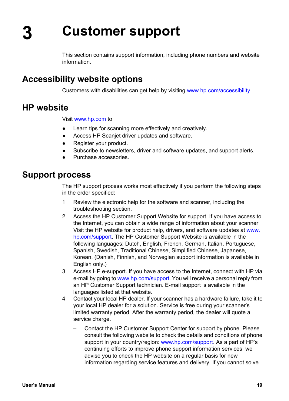 Customer support, Accessibility website options, Hp website | Support process | HP 3770 User Manual | Page 23 / 30