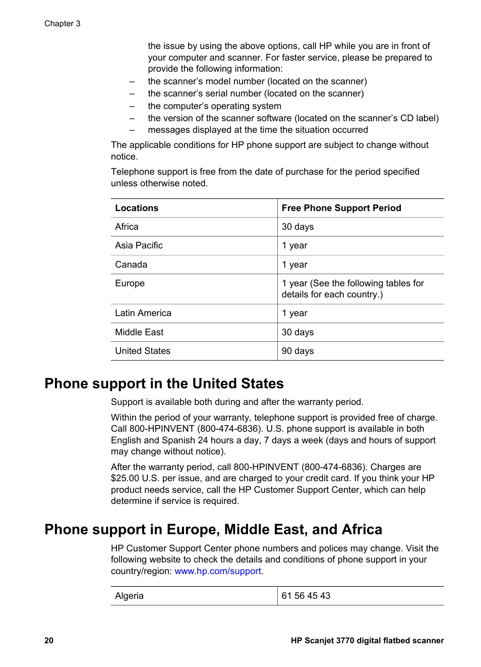 Phone support in the united states, Phone support in europe, middle east, and africa | HP 3770 User Manual | Page 24 / 30