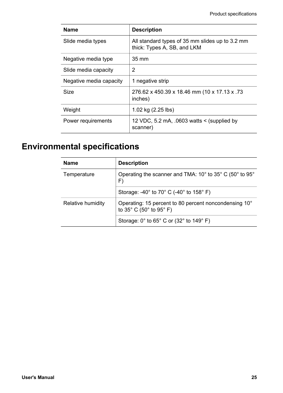 Environmental specifications | HP 3770 User Manual | Page 29 / 30