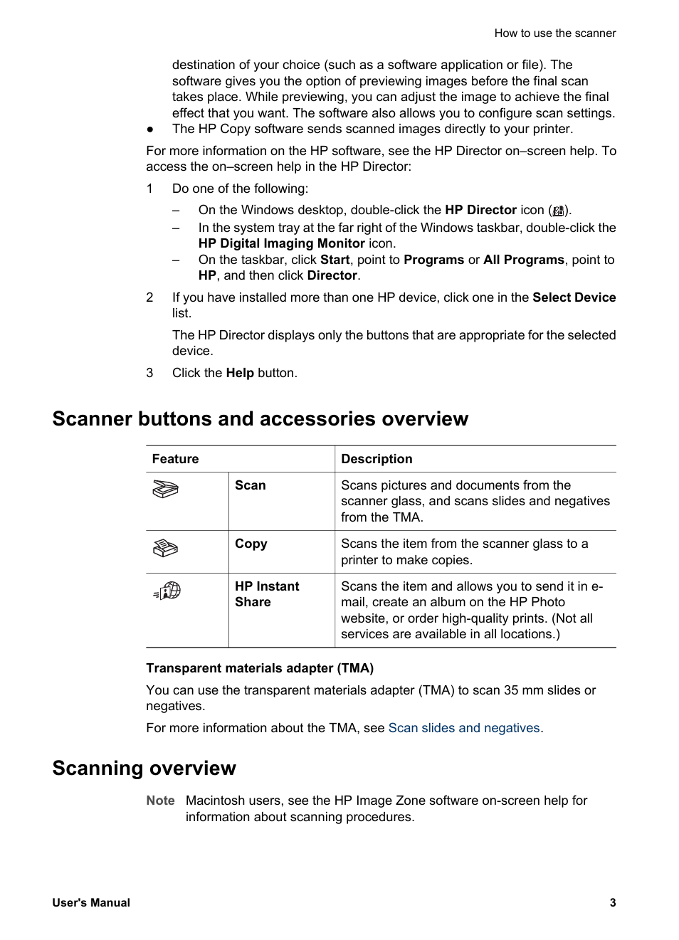 Scanner buttons and accessories overview, Scanning overview | HP 3770 User Manual | Page 7 / 30