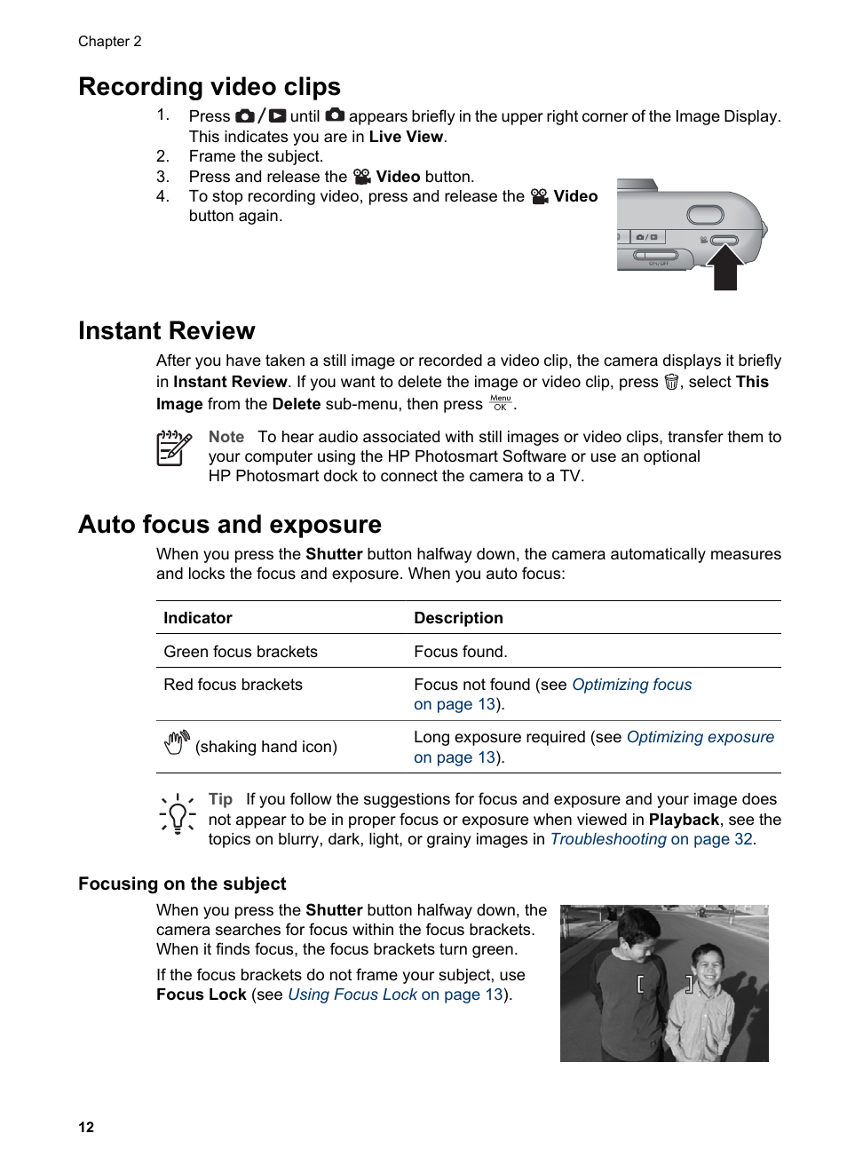 Recording video clips, Instant review, Auto focus and exposure | Focusing on the subject, Focus brackets (see | HP Photosmart M627 User Manual | Page 12 / 46