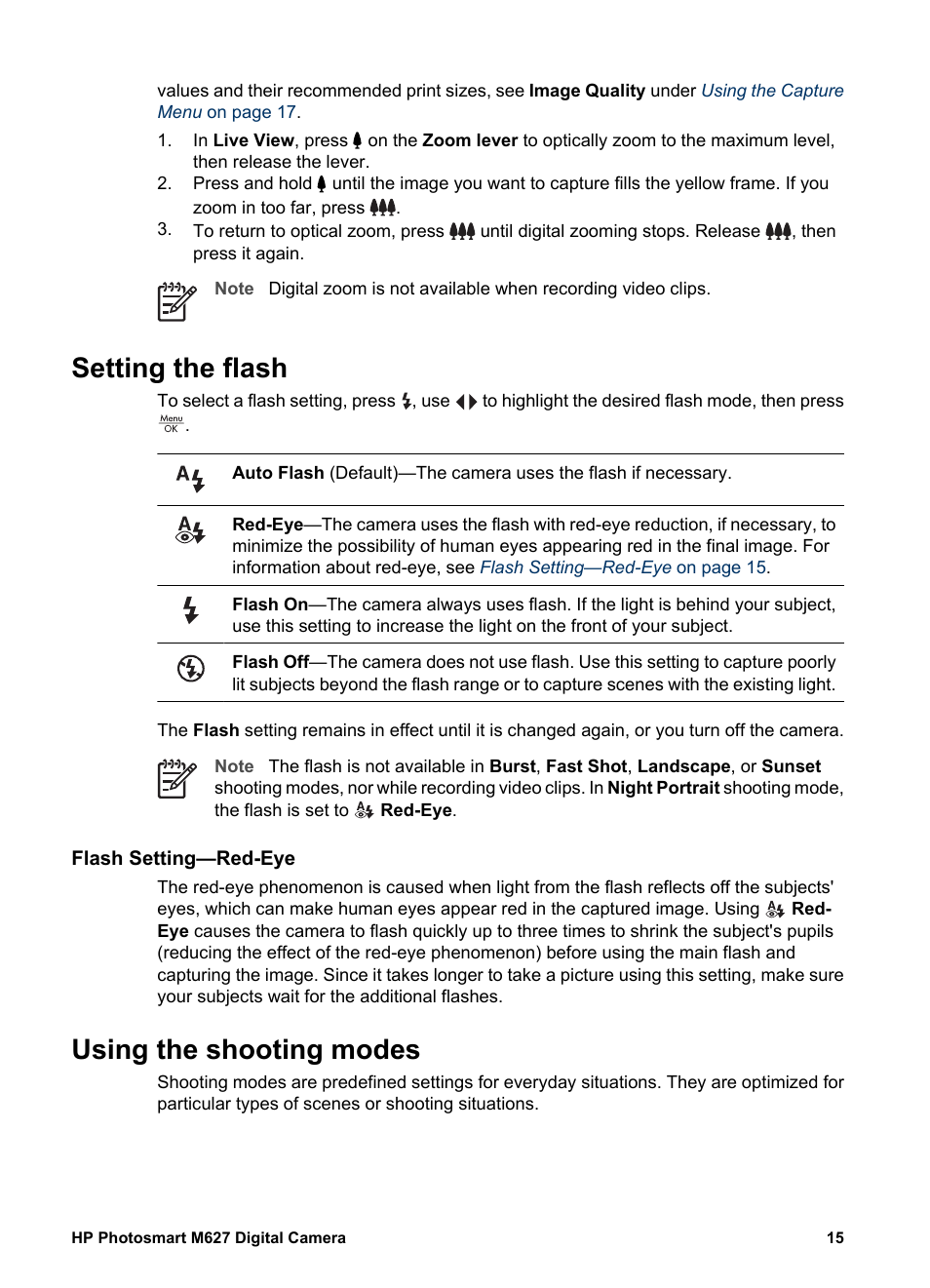 Setting the flash, Flash setting—red-eye, Using the shooting modes | Using the self-timer mode using the burst mode, Using | HP Photosmart M627 User Manual | Page 15 / 46