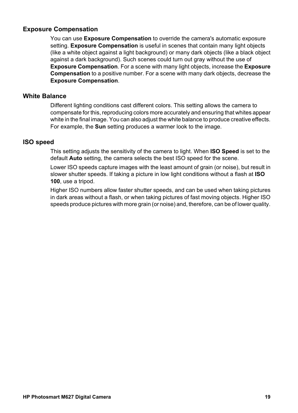 Exposure compensation, White balance, Iso speed | HP Photosmart M627 User Manual | Page 19 / 46