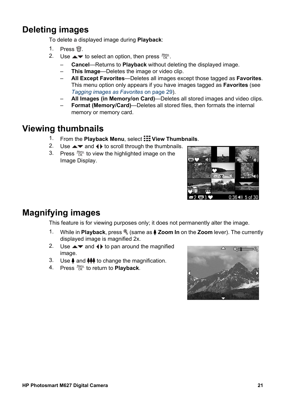 Deleting images, Viewing thumbnails, Magnifying images | Deleting | HP Photosmart M627 User Manual | Page 21 / 46