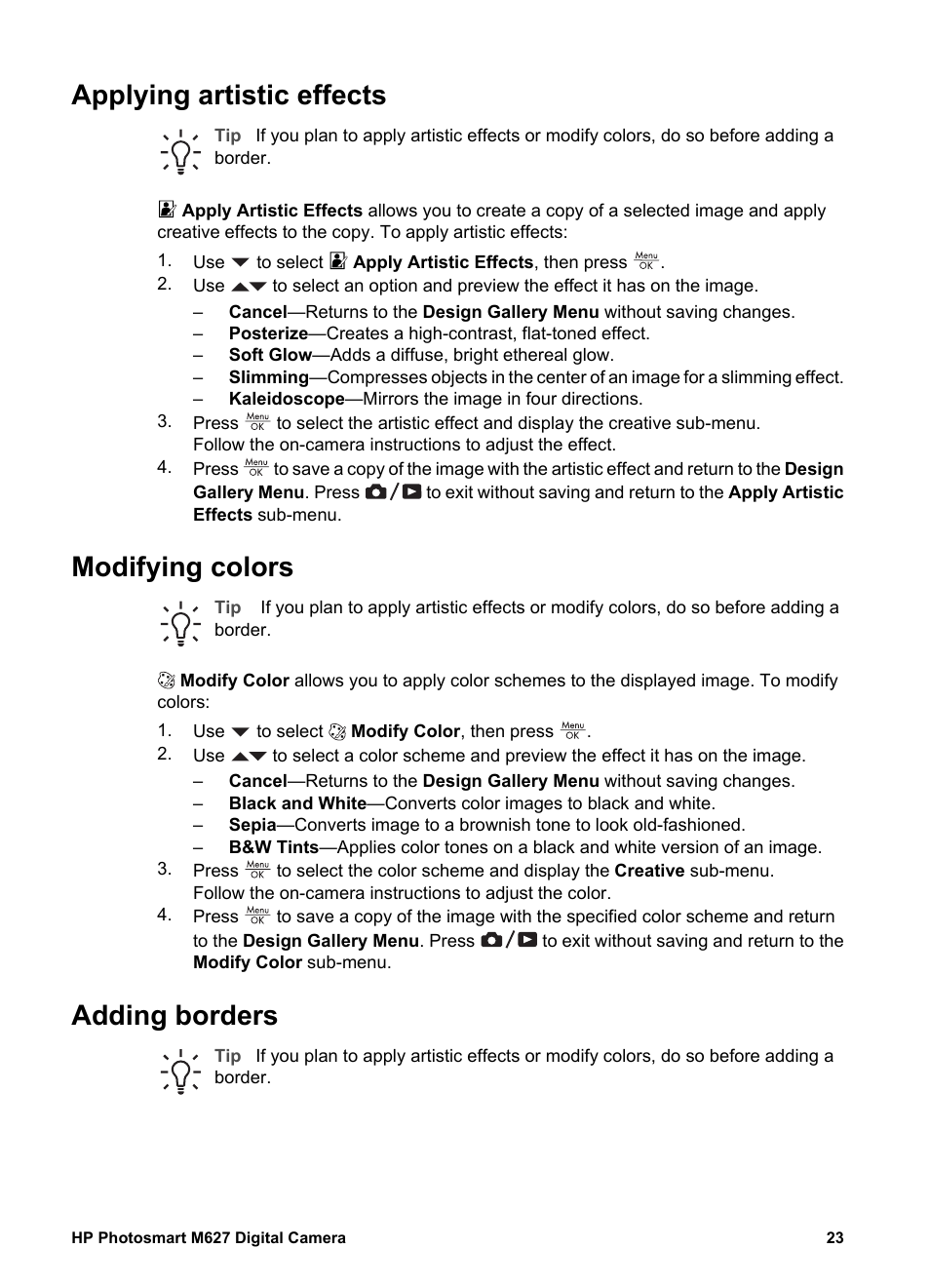 Applying artistic effects, Modifying colors, Adding borders | HP Photosmart M627 User Manual | Page 23 / 46
