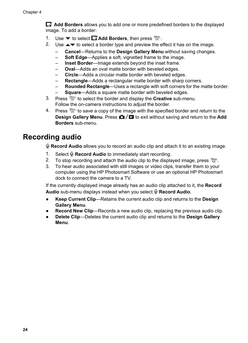 Recording audio, Recording | HP Photosmart M627 User Manual | Page 24 / 46