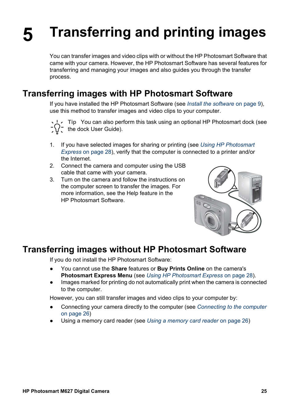 Transferring and printing images, Transferring images with hp photosmart software, Transferring images without hp photosmart software | Transferring images with, Transferring and printing | HP Photosmart M627 User Manual | Page 25 / 46