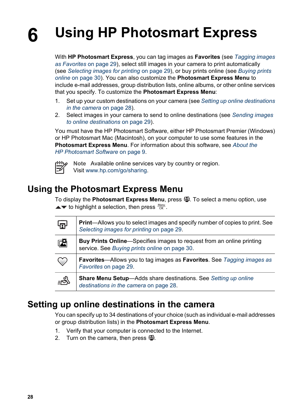 Using hp photosmart express, Using the photosmart express menu, Setting up online destinations in the camera | Using hp photosmart | HP Photosmart M627 User Manual | Page 28 / 46