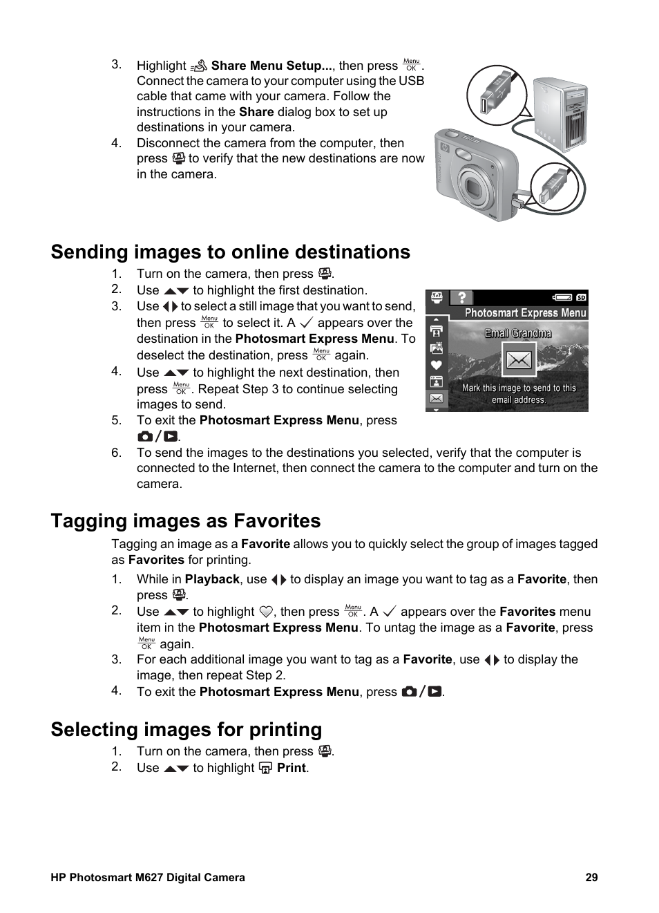 Sending images to online destinations, Tagging images as favorites, Selecting images for printing | Tagging images as, Tagging images, Select still im, Sending images | HP Photosmart M627 User Manual | Page 29 / 46