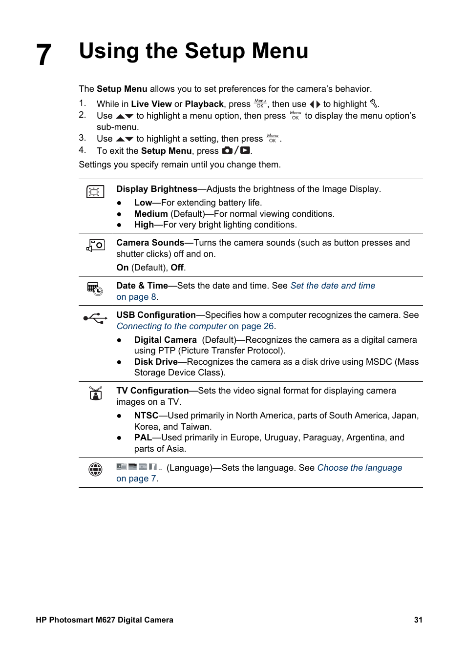 Using the setup menu | HP Photosmart M627 User Manual | Page 31 / 46