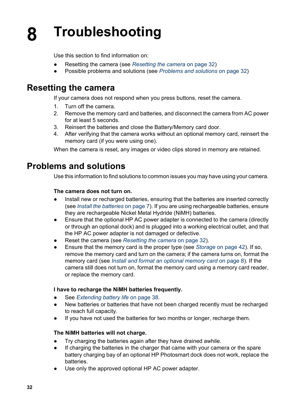Troubleshooting, Resetting the camera, Problems and solutions | HP Photosmart M627 User Manual | Page 32 / 46