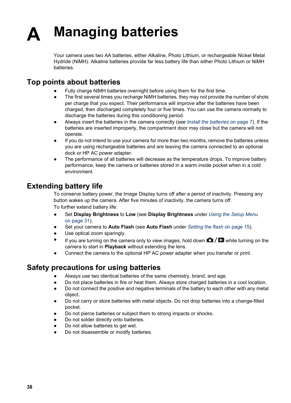 Managing batteries, Top points about batteries, Extending battery life | Safety precautions for using batteries | HP Photosmart M627 User Manual | Page 38 / 46