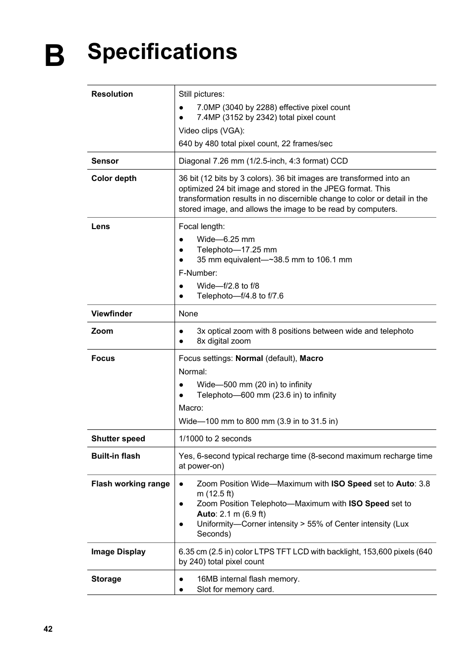 Specifications | HP Photosmart M627 User Manual | Page 42 / 46