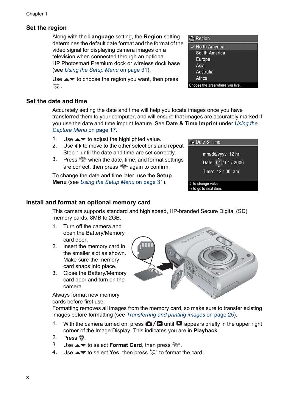 Set the region, Set the date and time, Install and format an optional memory card | HP Photosmart M627 User Manual | Page 8 / 46