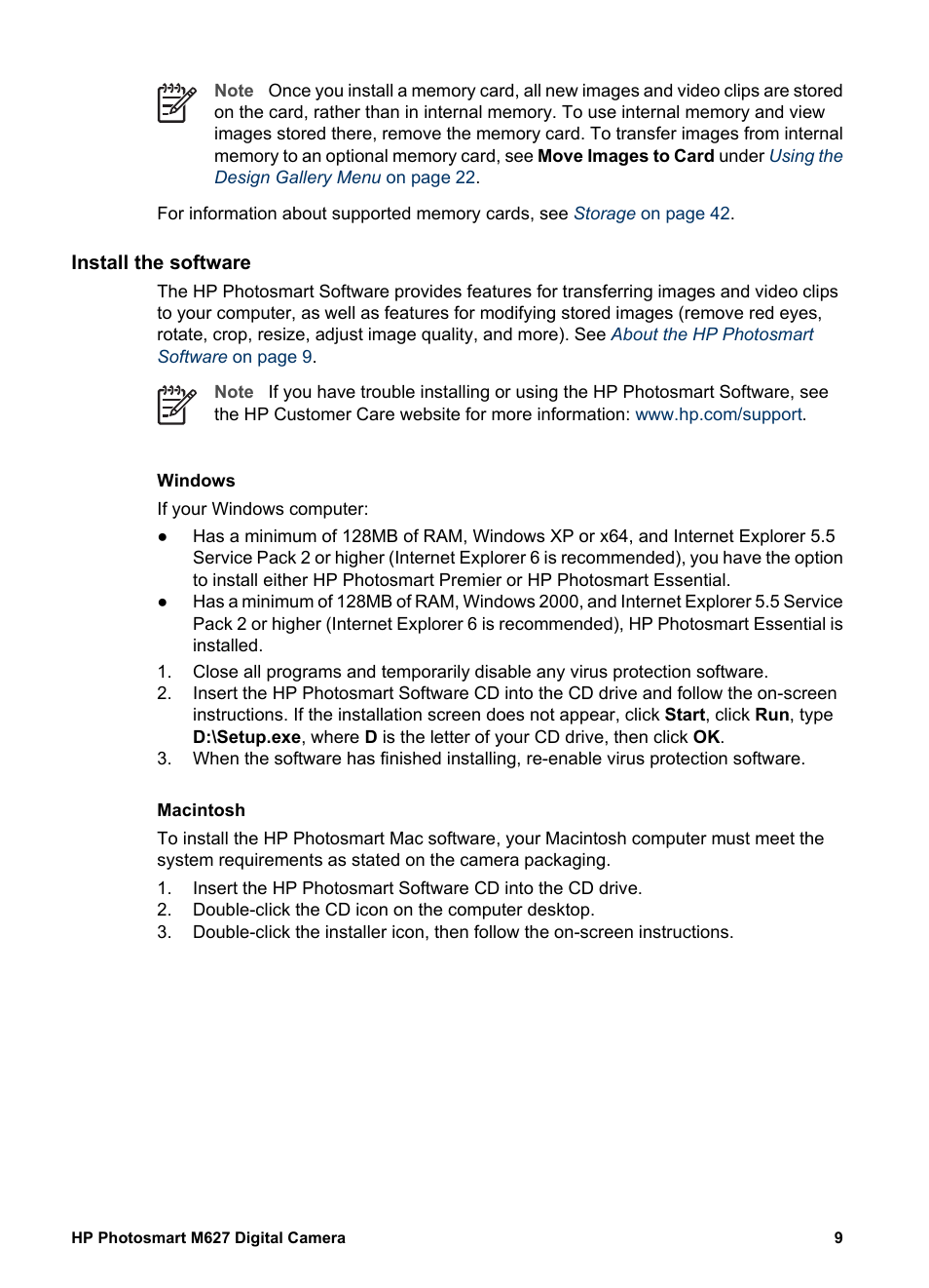 Install the software, Windows, Macintosh | About the hp photosmart software | HP Photosmart M627 User Manual | Page 9 / 46