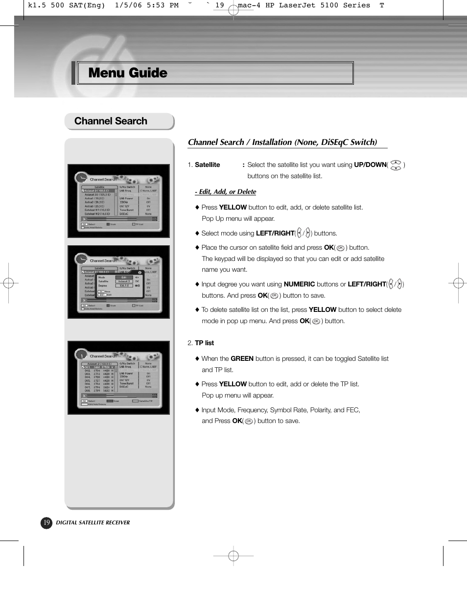 Menu guide, Channel search | HP KSC-570 User Manual | Page 24 / 58