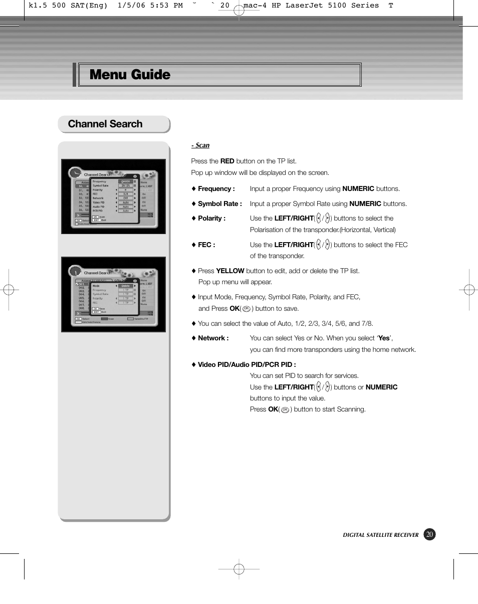 Menu guide, Channel search | HP KSC-570 User Manual | Page 25 / 58