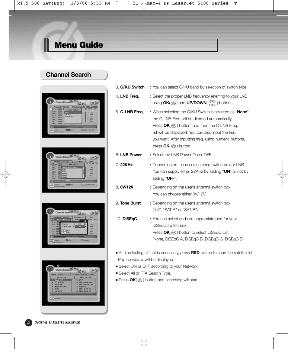 Menu guide, Channel search | HP KSC-570 User Manual | Page 26 / 58