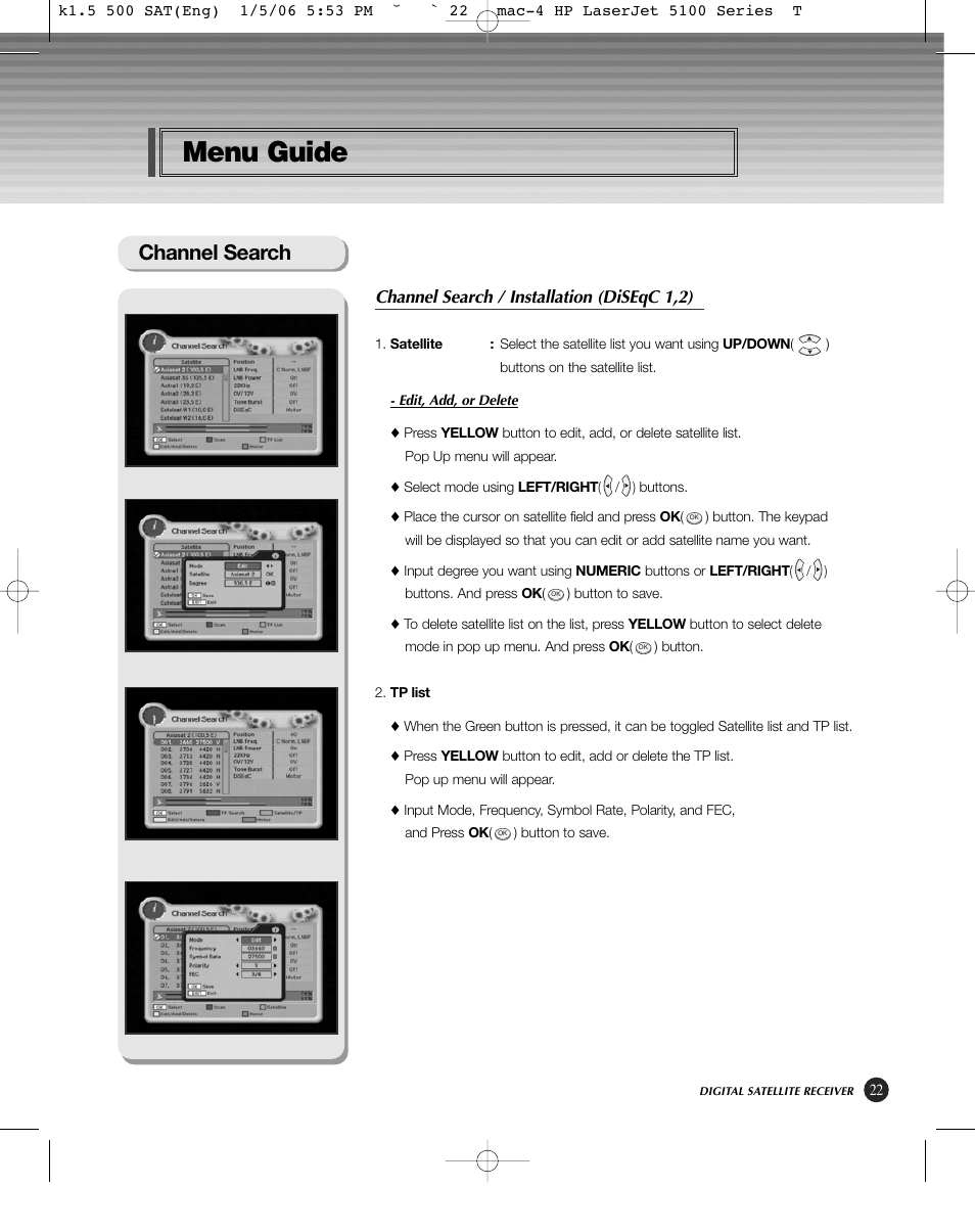 Menu guide, Channel search, Channel search / installation (diseqc 1,2) | HP KSC-570 User Manual | Page 27 / 58