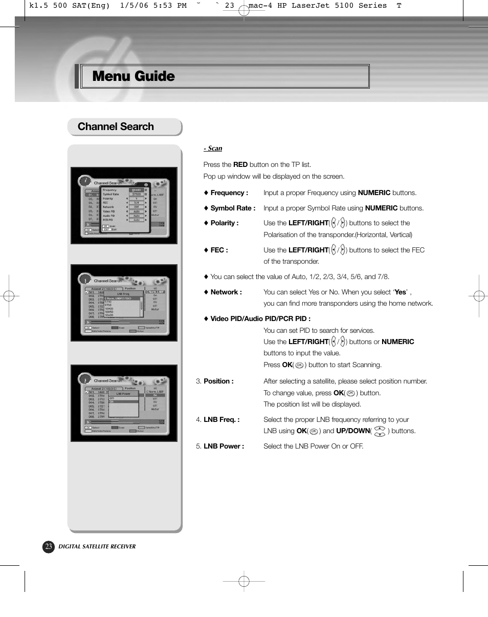 Menu guide, Channel search | HP KSC-570 User Manual | Page 28 / 58