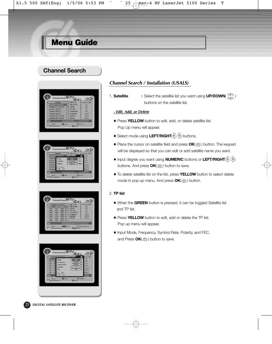 Menu guide, Channel search, Channel search / installation (usals) | HP KSC-570 User Manual | Page 30 / 58