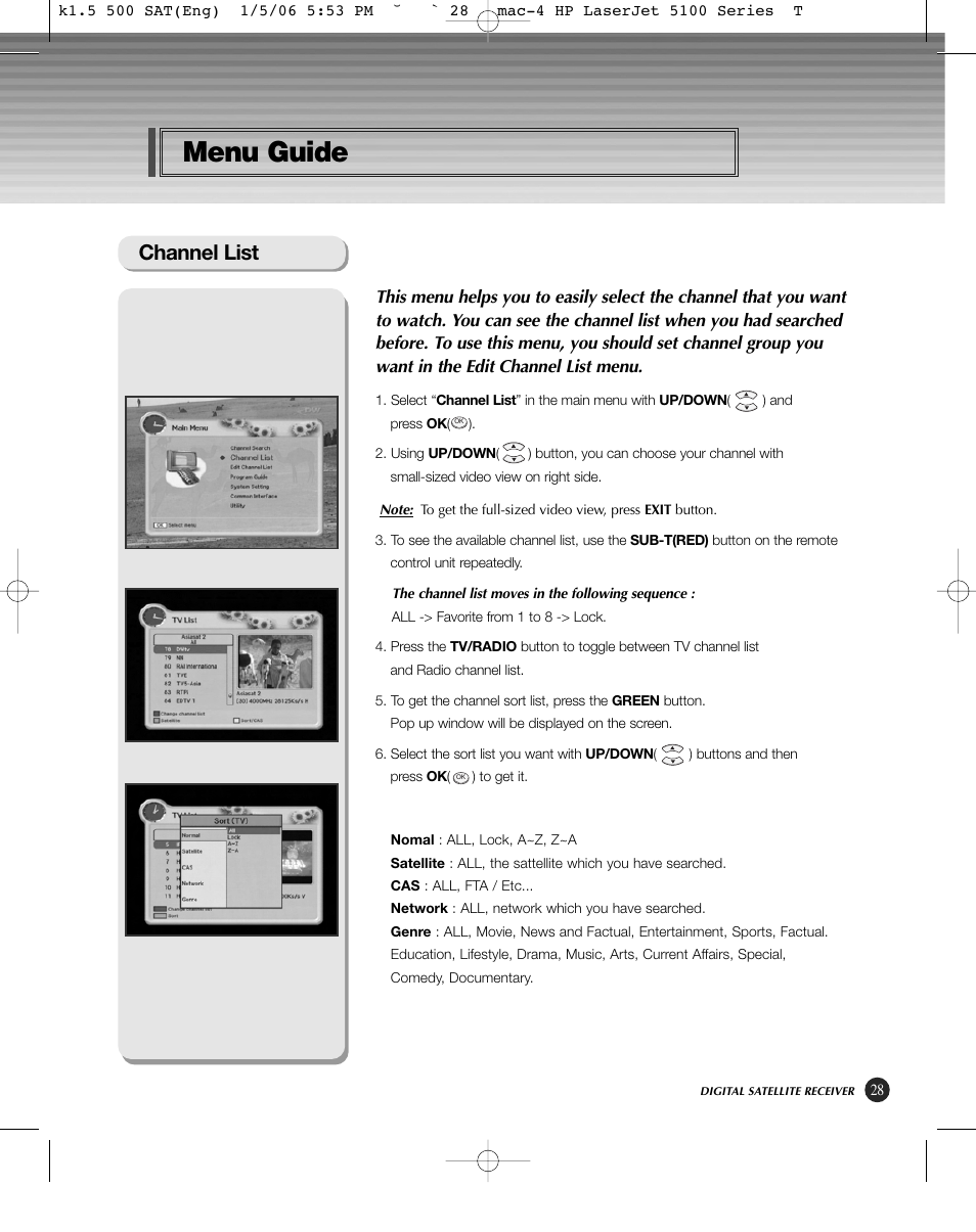 Menu guide, Channel list | HP KSC-570 User Manual | Page 33 / 58