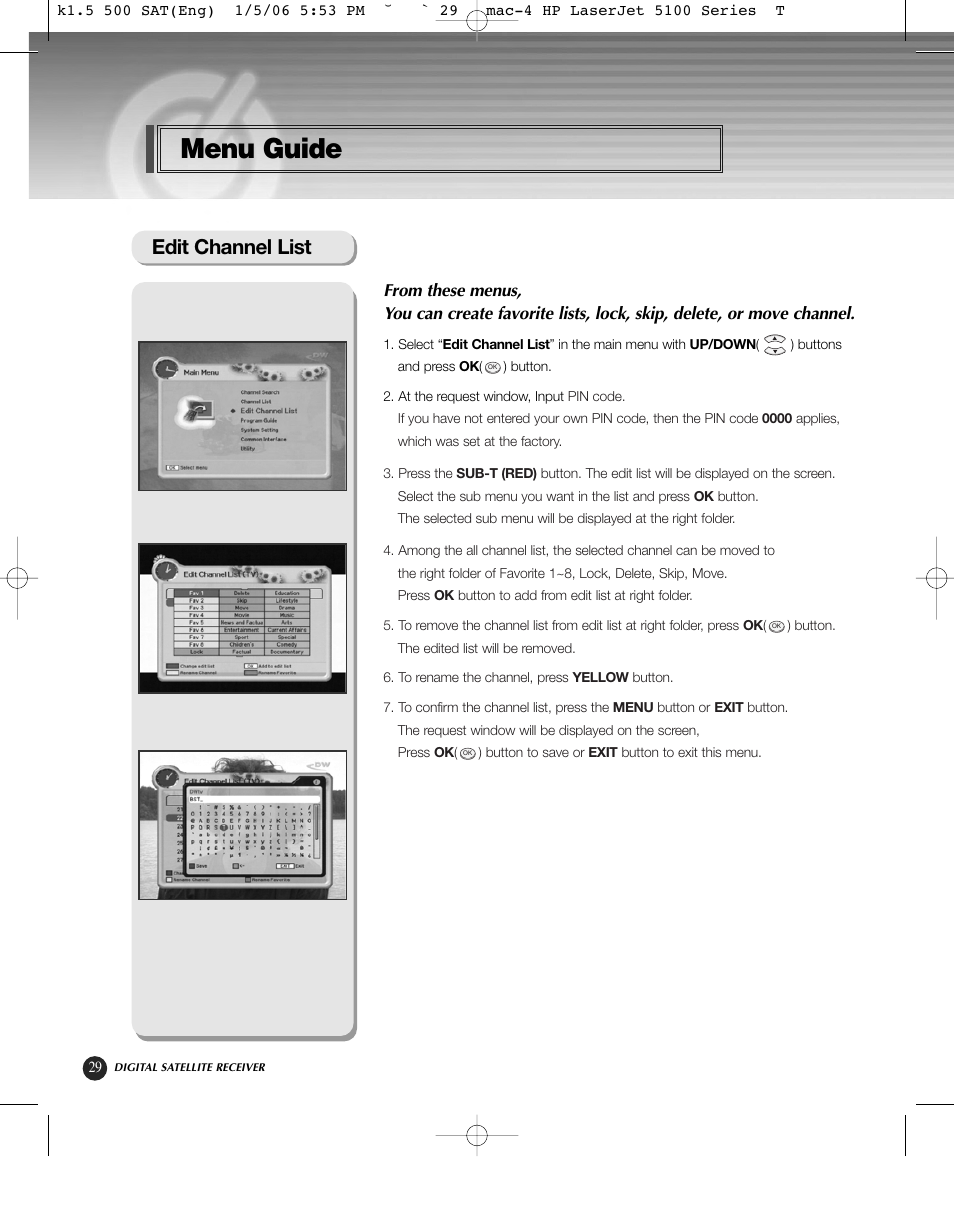 Menu guide, Edit channel list | HP KSC-570 User Manual | Page 34 / 58