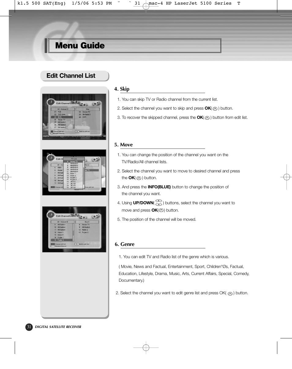 Menu guide, Edit channel list, Skip | Move, Genre | HP KSC-570 User Manual | Page 36 / 58