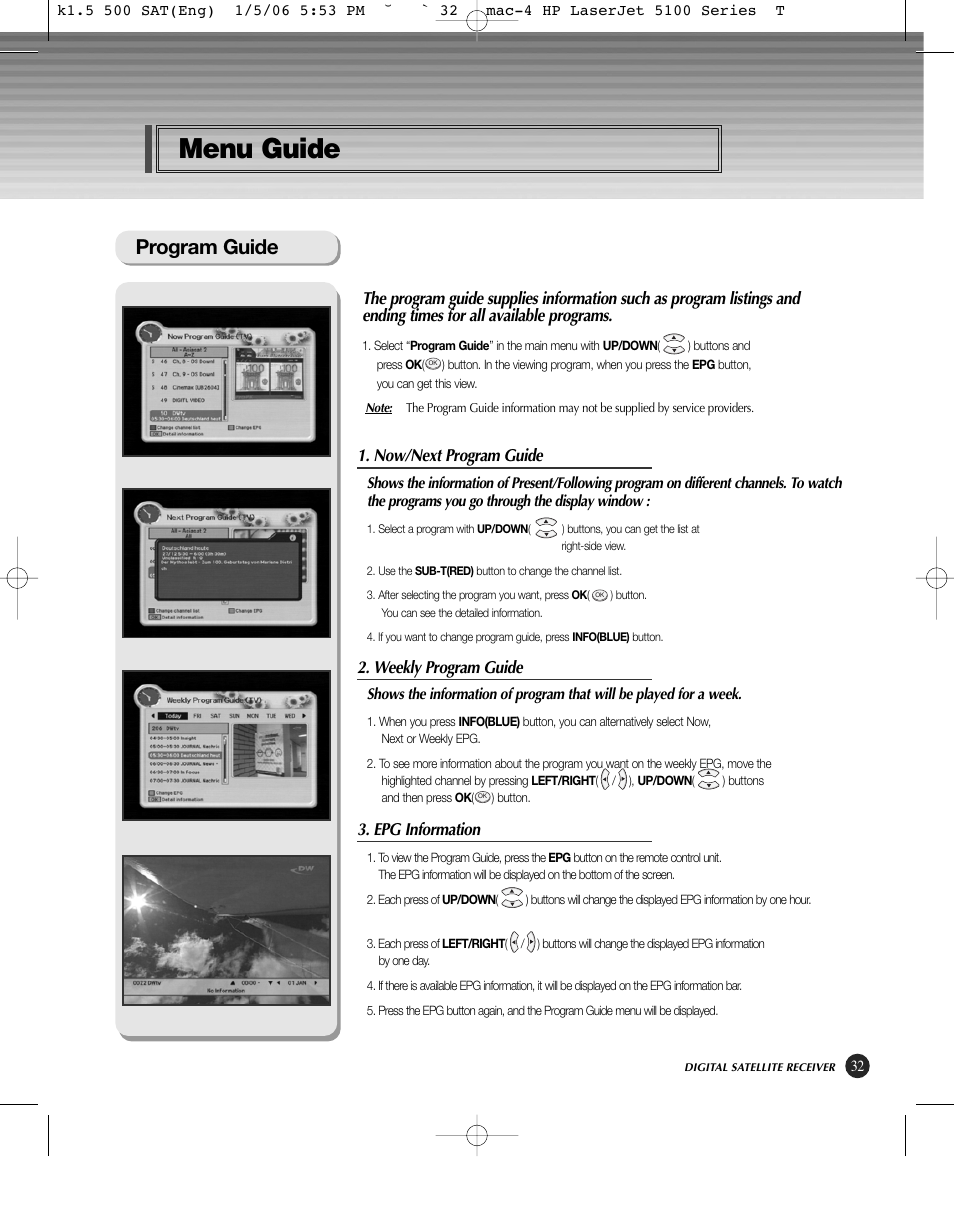 Menu guide, Program guide, Now/next program guide | Weekly program guide, Epg information | HP KSC-570 User Manual | Page 37 / 58