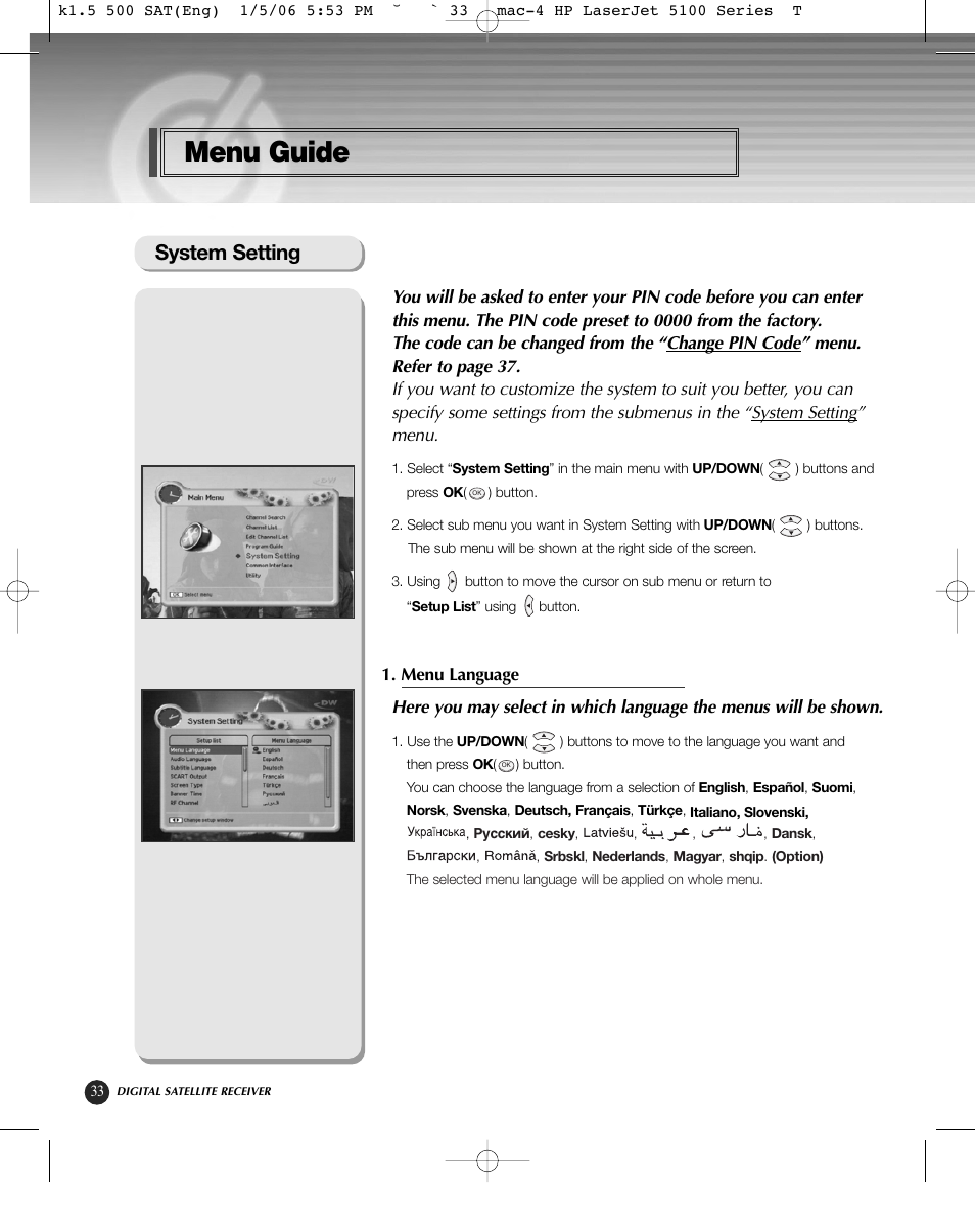 Menu guide, System setting | HP KSC-570 User Manual | Page 38 / 58