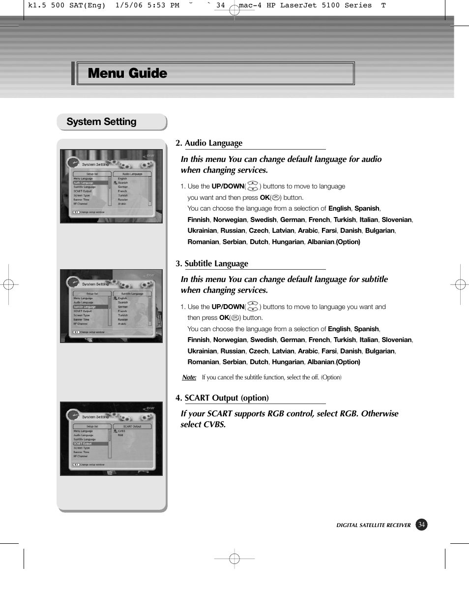Menu guide, System setting | HP KSC-570 User Manual | Page 39 / 58