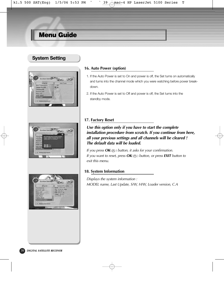 Menu guide, System setting | HP KSC-570 User Manual | Page 44 / 58