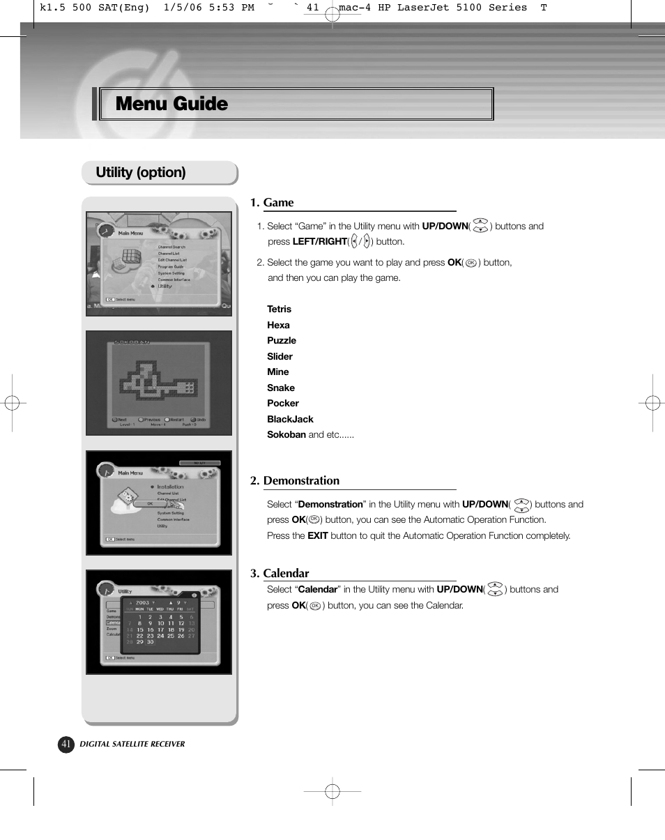 Menu guide, Utility (option), Game | Demonstration, Calendar | HP KSC-570 User Manual | Page 46 / 58