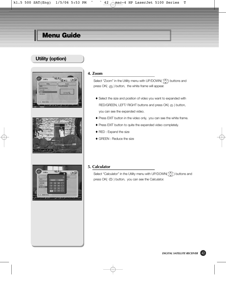 Menu guide, Utility (option), Zoom | Calculator | HP KSC-570 User Manual | Page 47 / 58