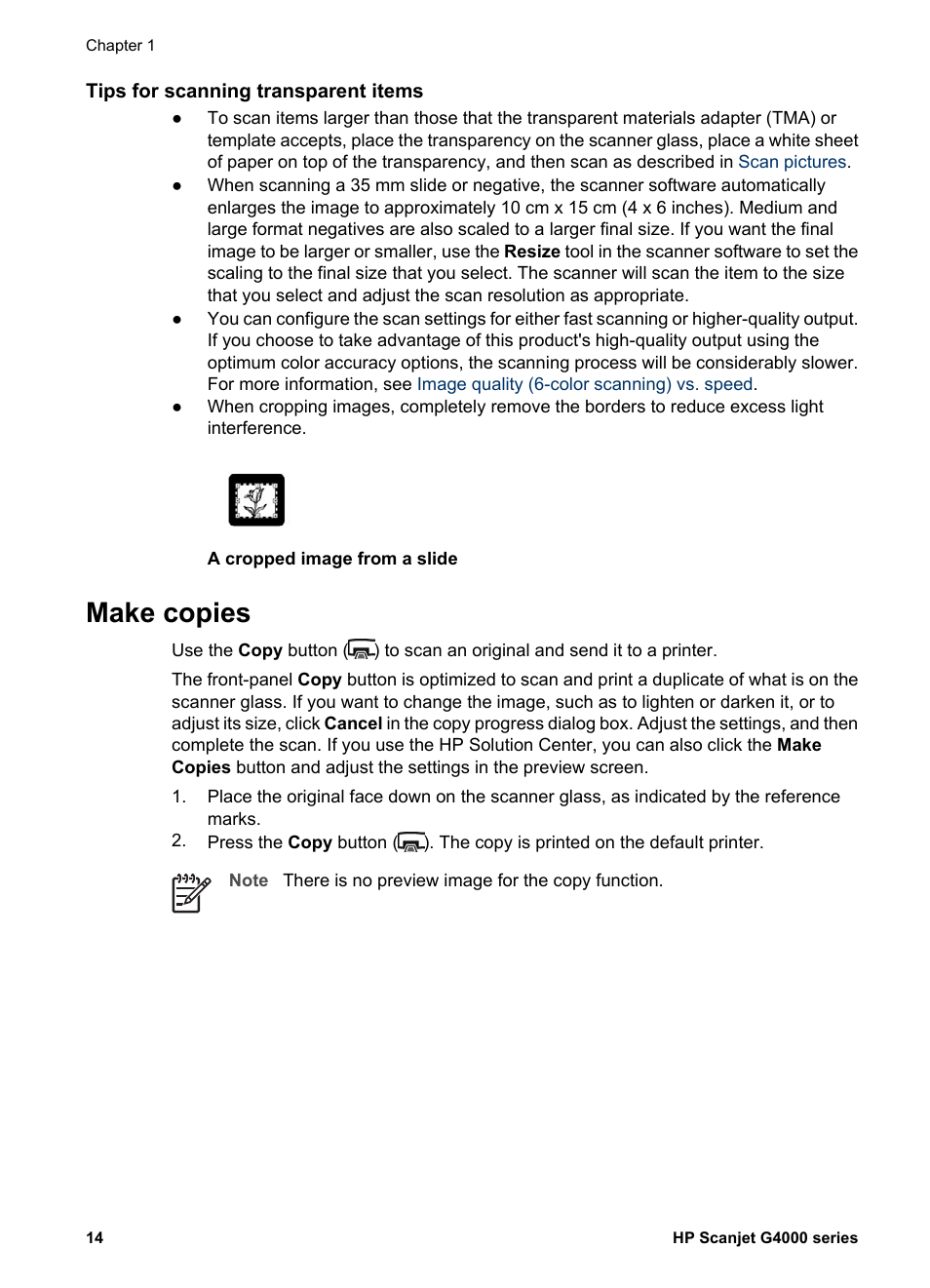 Tips for scanning transparent items, Make copies | HP G4000 series User Manual | Page 16 / 28