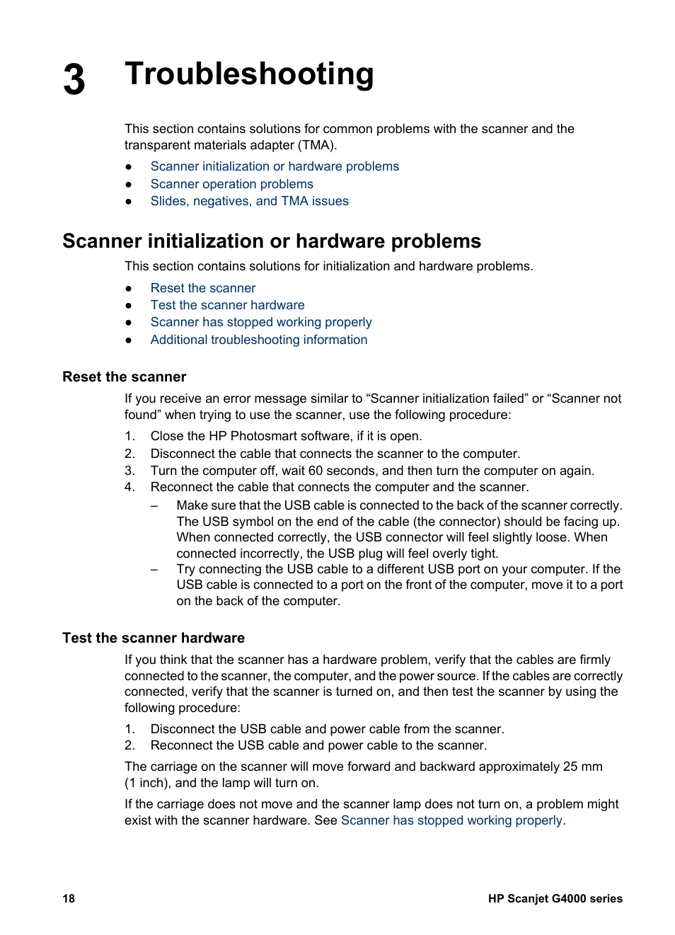 Troubleshooting, Scanner initialization or hardware problems, Reset the scanner | Test the scanner hardware | HP G4000 series User Manual | Page 20 / 28