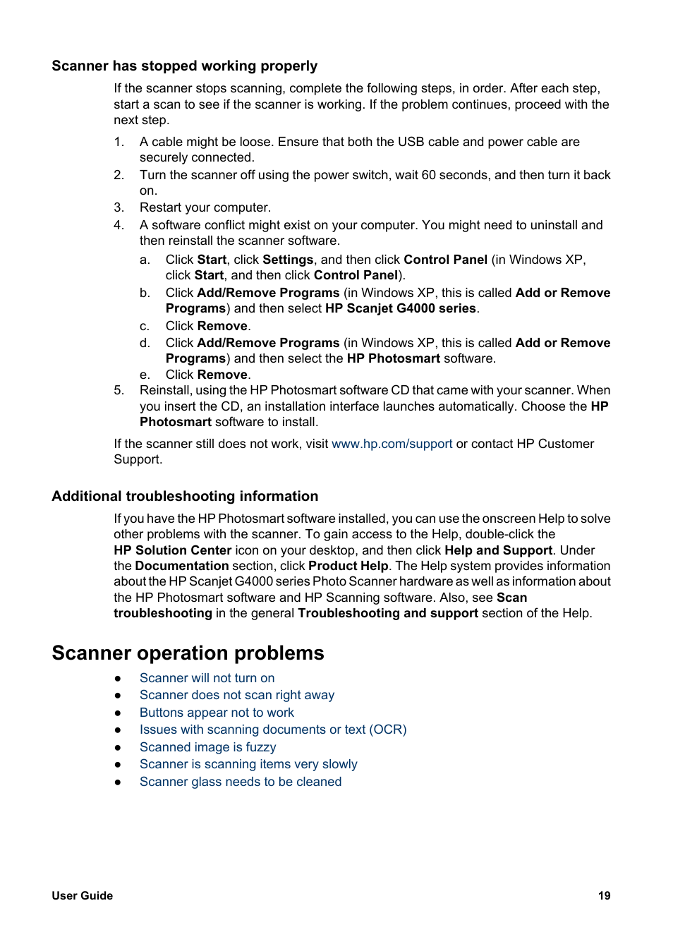 Scanner has stopped working properly, Additional troubleshooting information, Scanner operation problems | HP G4000 series User Manual | Page 21 / 28