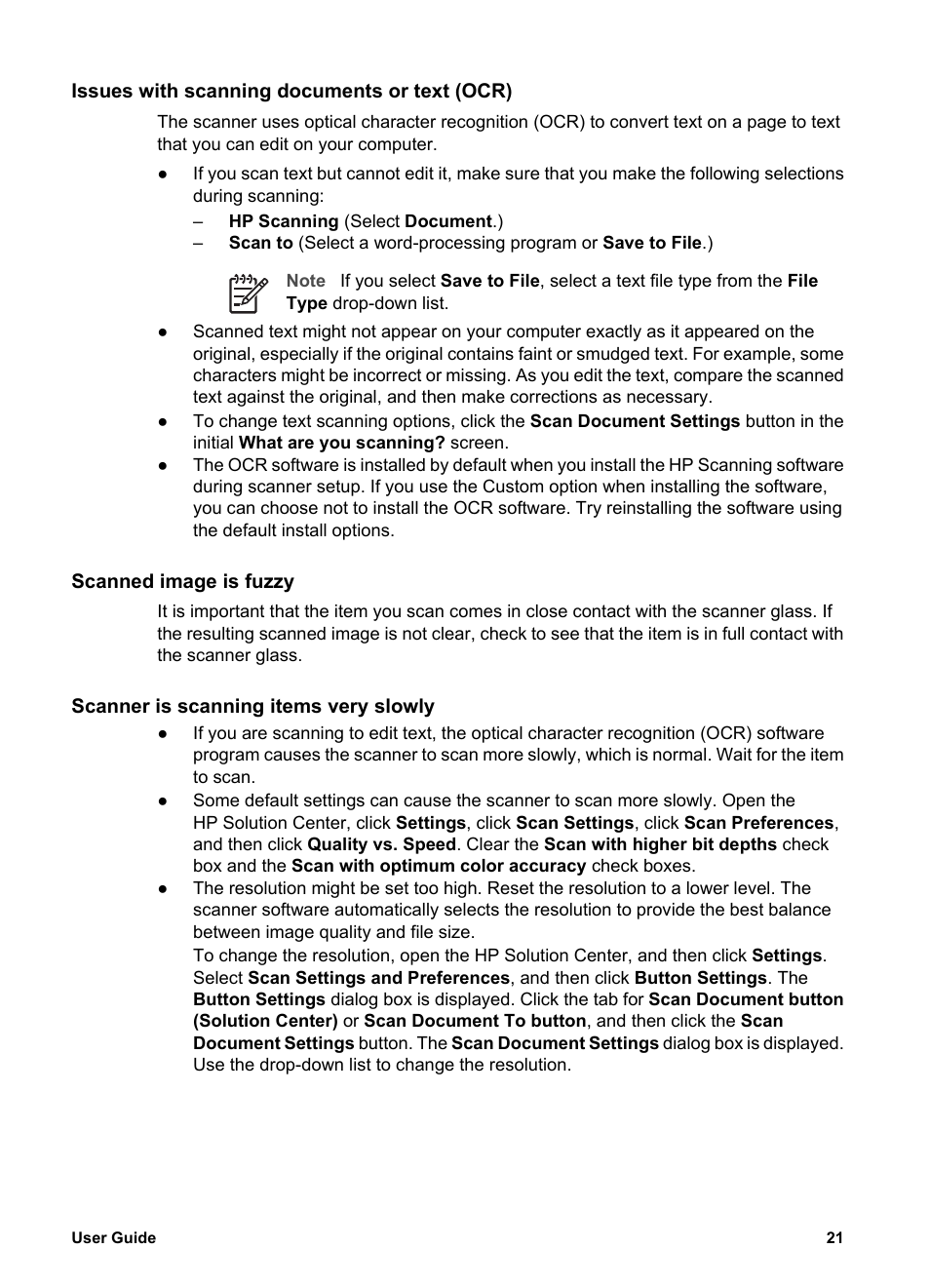Issues with scanning documents or text (ocr), Scanned image is fuzzy, Scanner is scanning items very slowly | HP G4000 series User Manual | Page 23 / 28