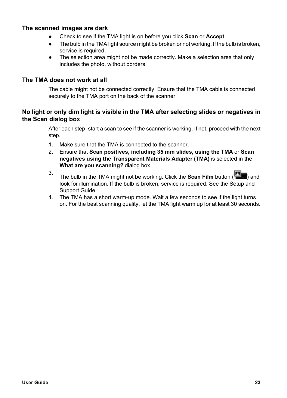 The scanned images are dark, The tma does not work at all | HP G4000 series User Manual | Page 25 / 28