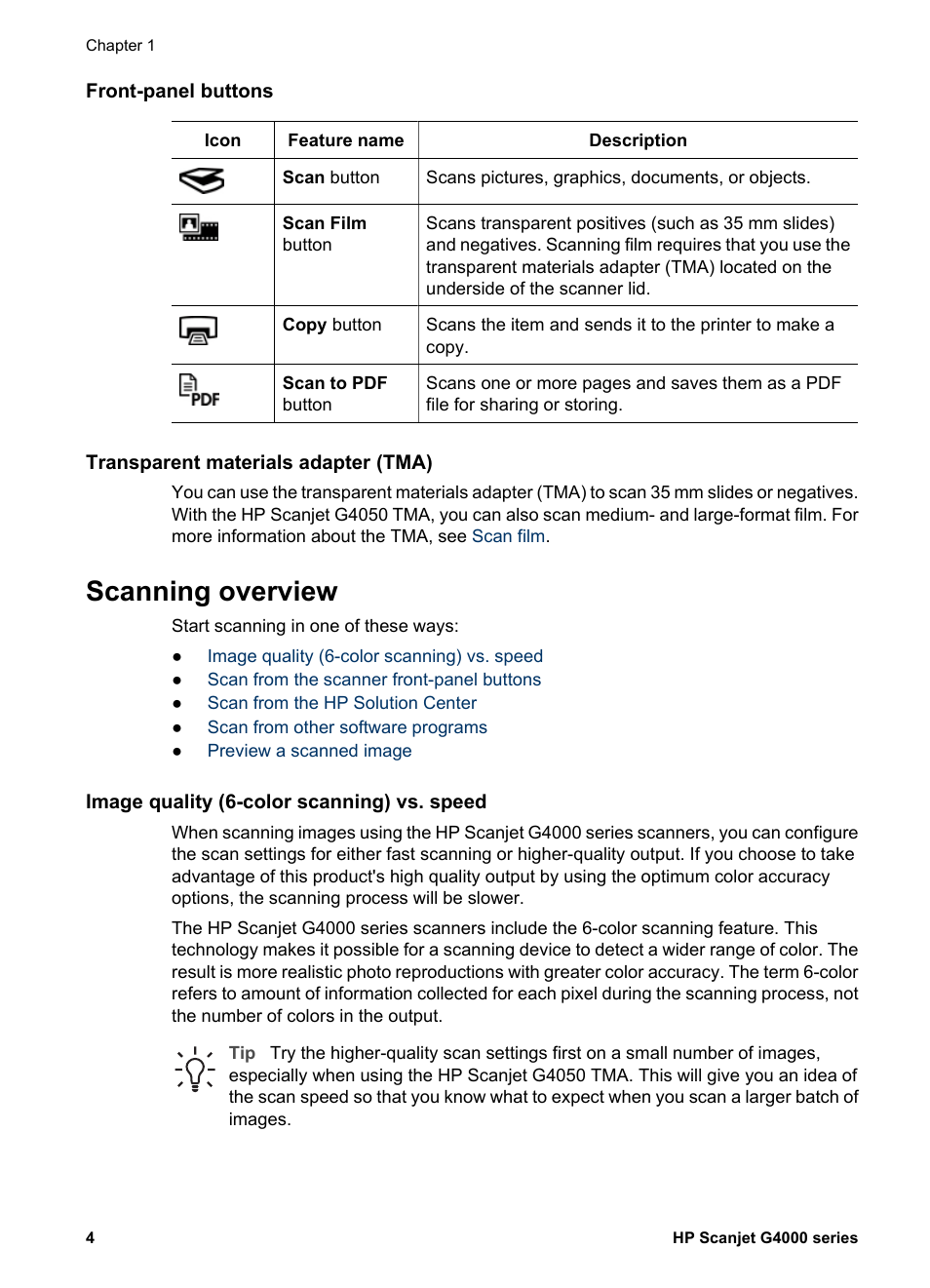 Front-panel buttons, Transparent materials adapter (tma), Scanning overview | Image quality (6-color scanning) vs. speed | HP G4000 series User Manual | Page 6 / 28