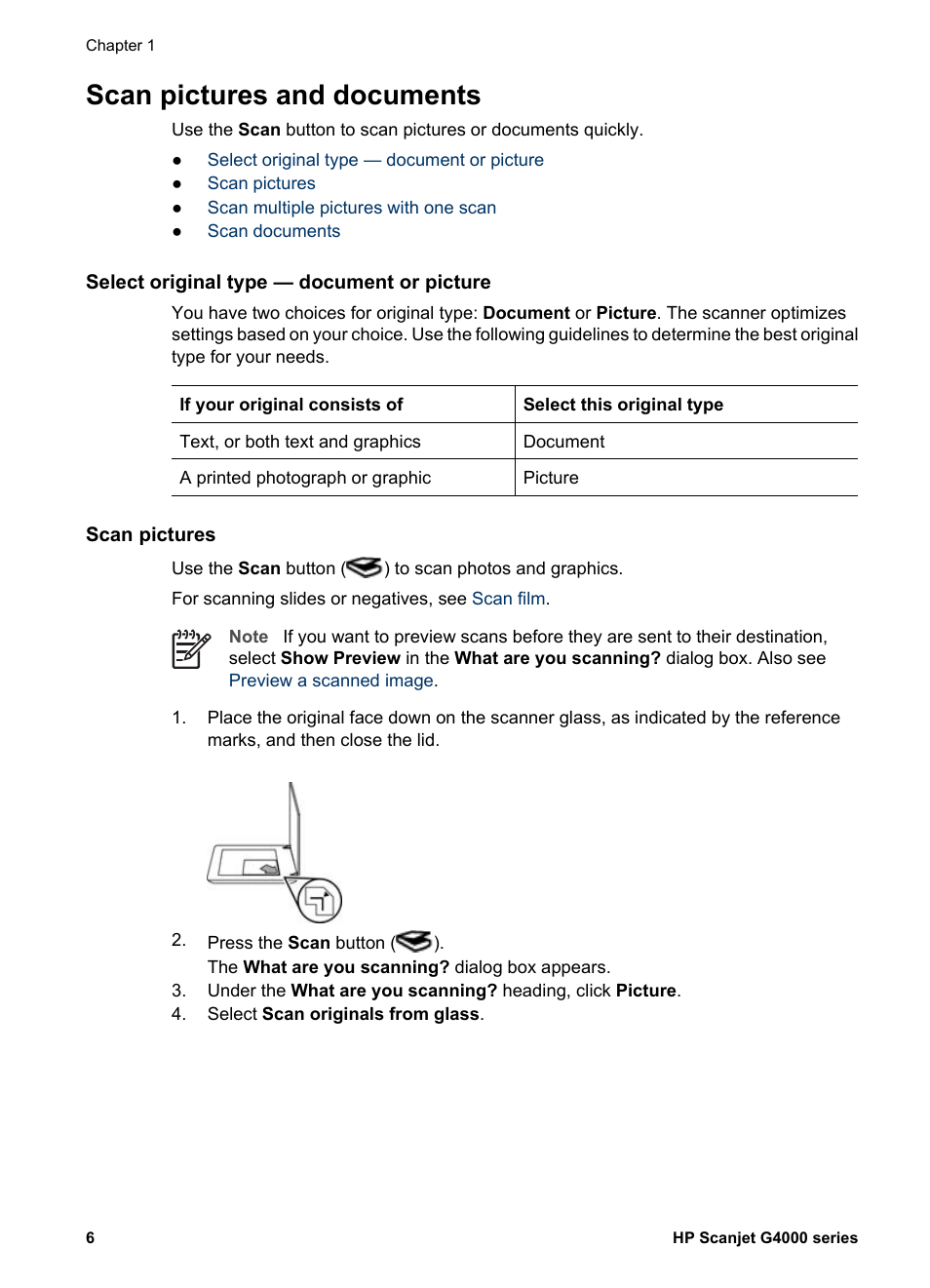 Scan pictures and documents, Select original type — document or picture, Scan pictures | HP G4000 series User Manual | Page 8 / 28