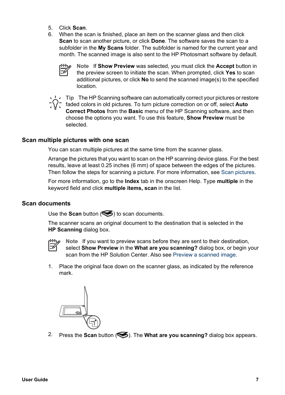 Scan multiple pictures with one scan, Scan documents | HP G4000 series User Manual | Page 9 / 28