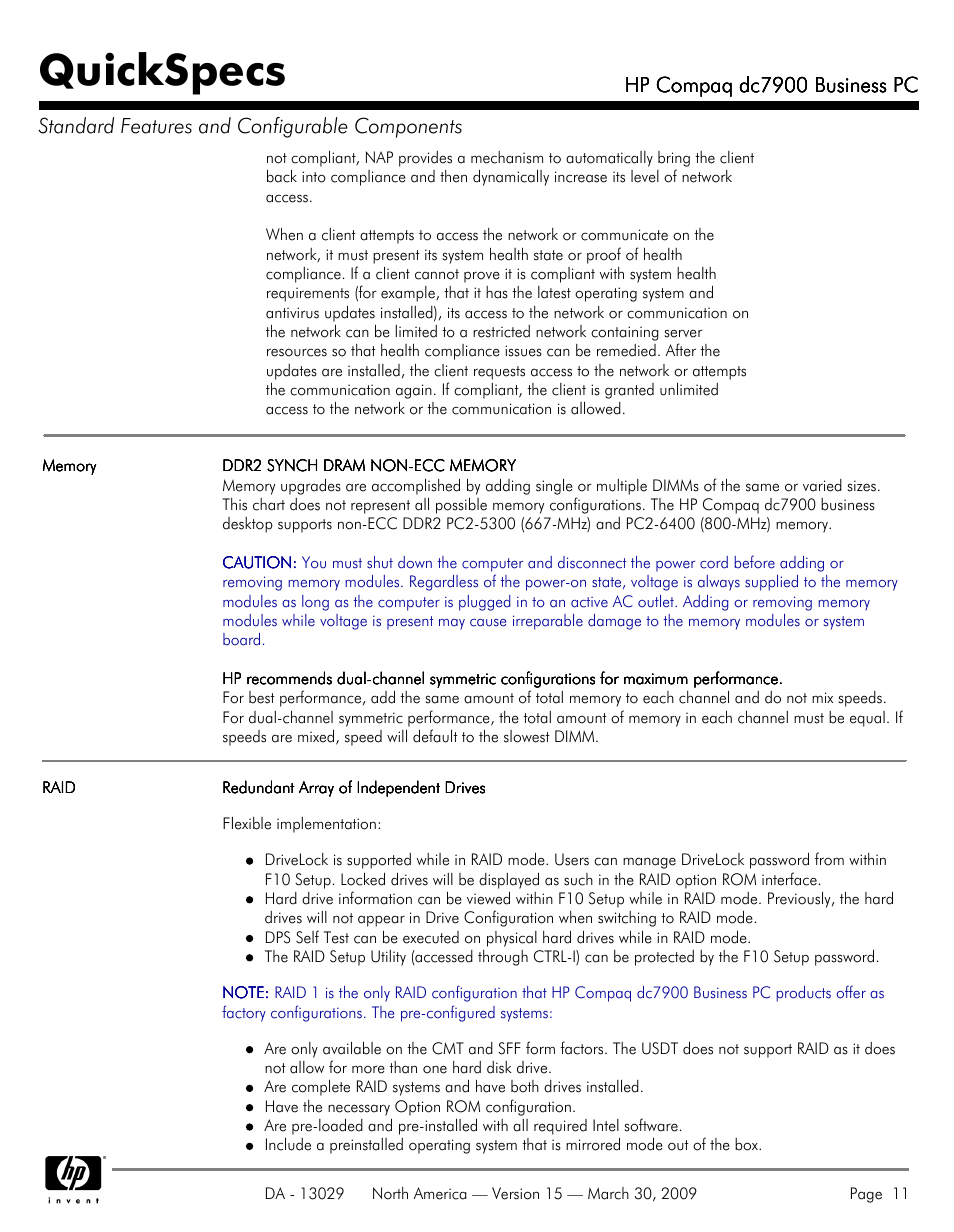 Quickspecs | HP DC7900 User Manual | Page 11 / 66