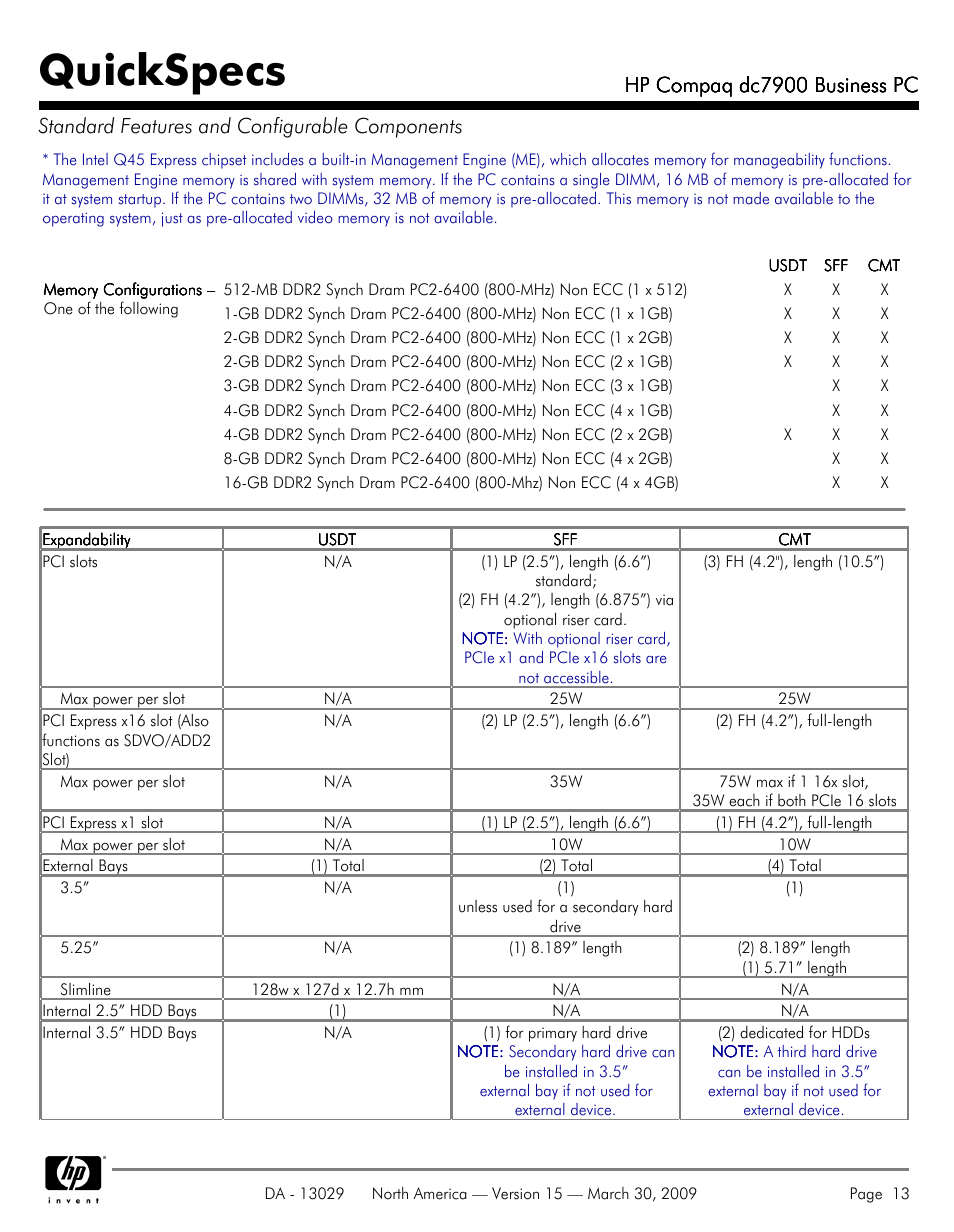 Quickspecs, Hp compaq dc7900 business pc | HP DC7900 User Manual | Page 13 / 66