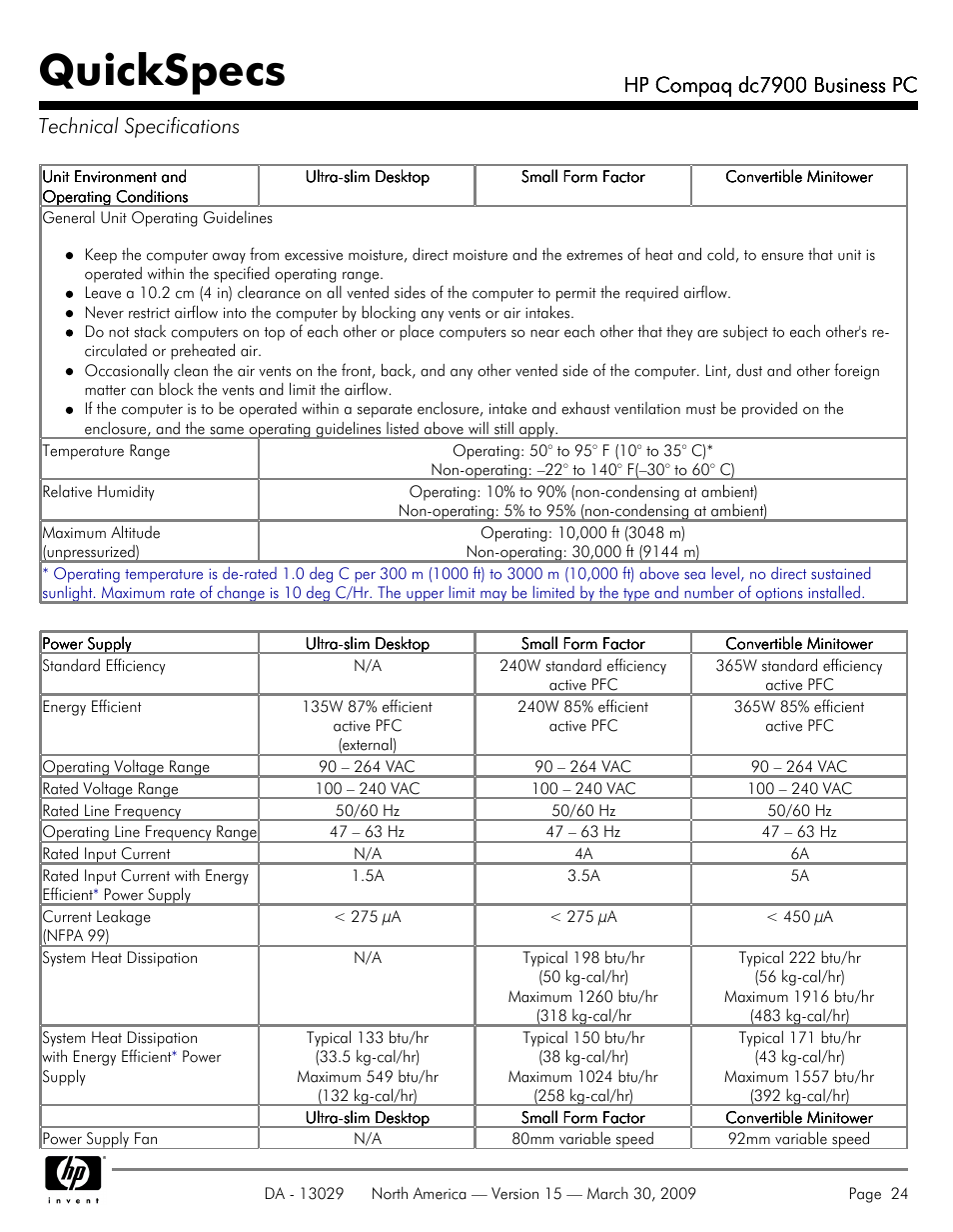 Technical specifications, Quickspecs, Hp compaq dc7900 business pc | HP DC7900 User Manual | Page 24 / 66