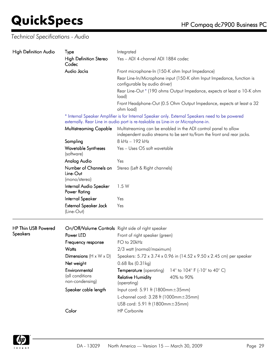 Technical specifications - audio, Quickspecs, Hp compaq dc7900 business pc | HP DC7900 User Manual | Page 29 / 66