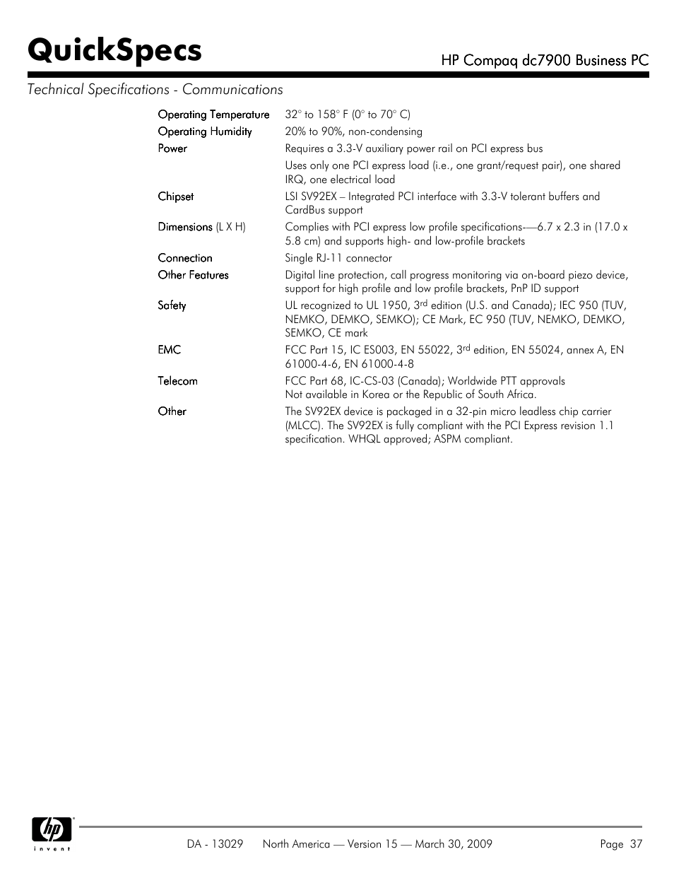 Quickspecs | HP DC7900 User Manual | Page 37 / 66
