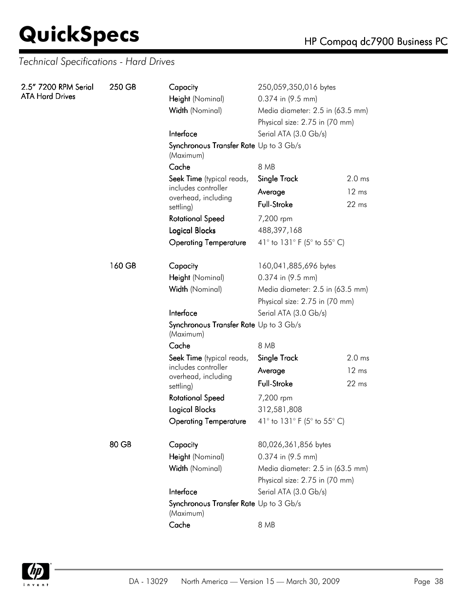 Technical specifications - hard drives, Quickspecs, Hp compaq dc7900 business pc | HP DC7900 User Manual | Page 38 / 66