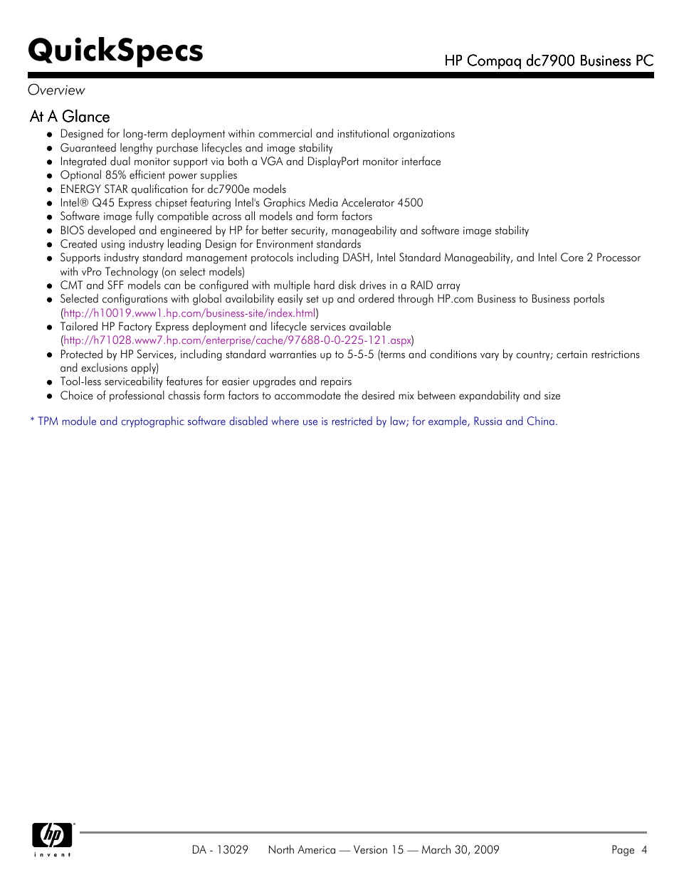Quickspecs | HP DC7900 User Manual | Page 4 / 66