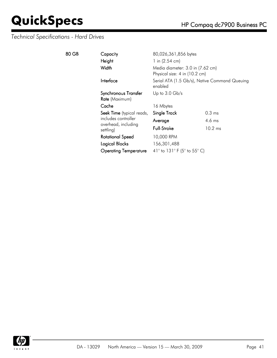 Quickspecs | HP DC7900 User Manual | Page 41 / 66